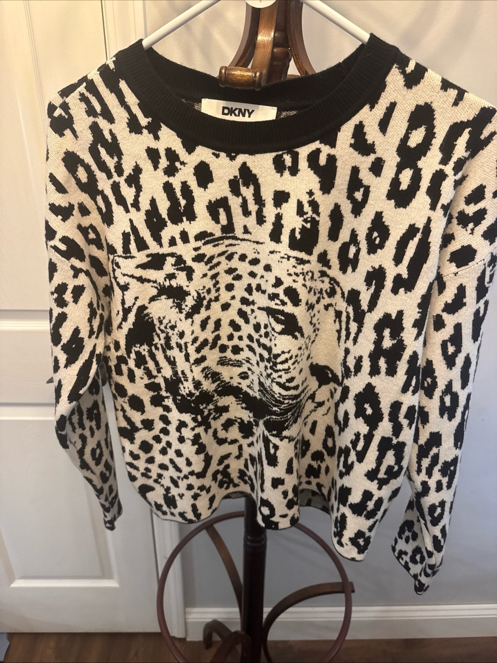 DKNY Black and Cream Leopard-Print Crewneck Sweater